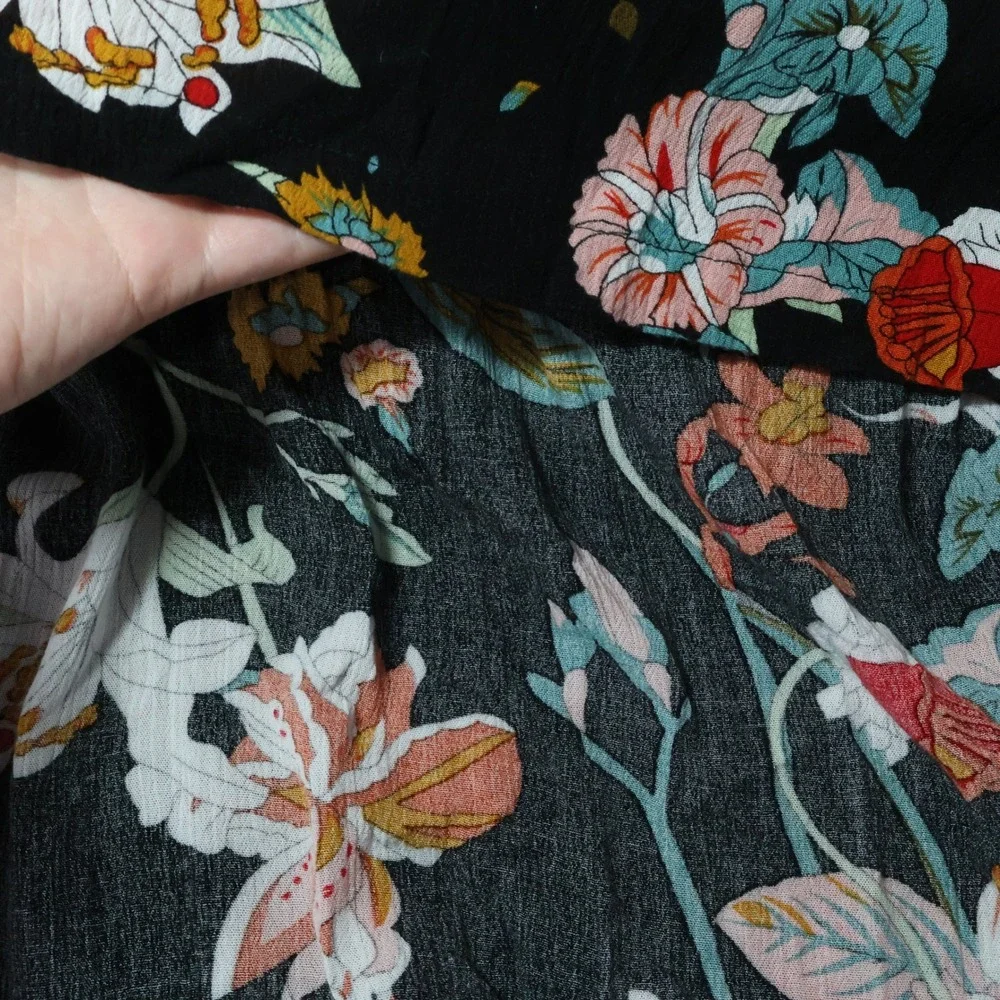 Bohme Floral Maxi Dress Womens XL Black Flutter Sleeve Smocked Waist Boho Flowy